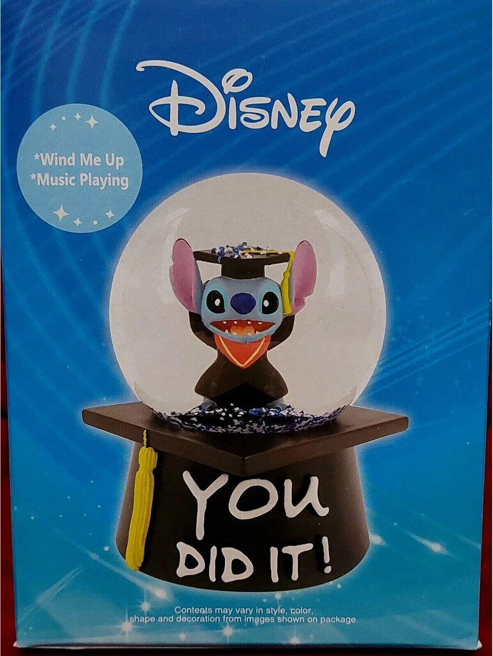 Disney STITCH in Cap & Gown Graduation Musical WATER GLOBE w/ confetti NEWinBox!